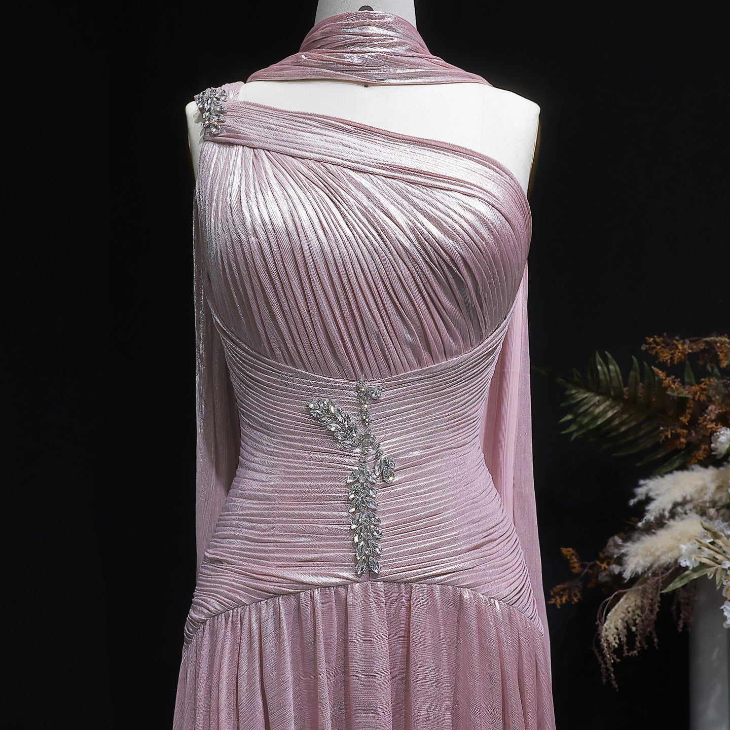 Pink One-Shoulder Sheer Waist-Fitted Elegant Evening Dress SF235