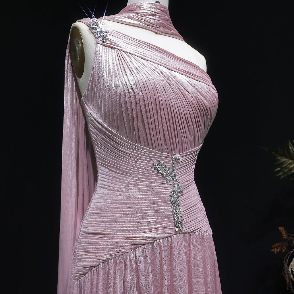 Pink One-Shoulder Sheer Waist-Fitted Elegant Evening Dress SF235