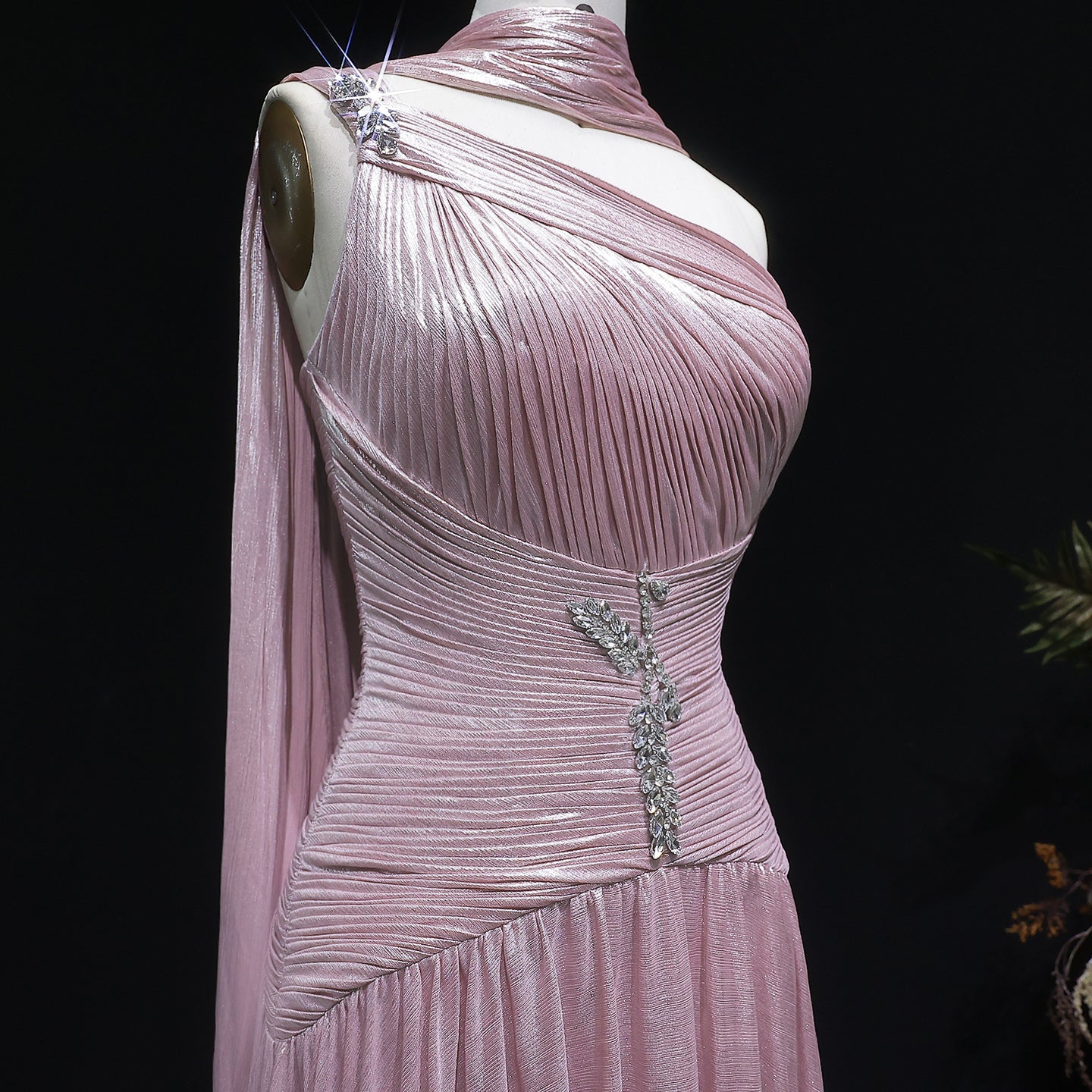 Pink One-Shoulder Sheer Waist-Fitted Elegant Evening Dress SF235