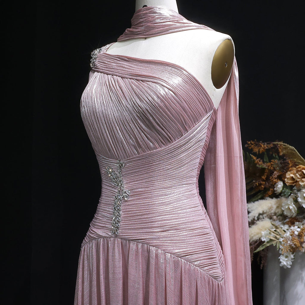 Pink One-Shoulder Sheer Waist-Fitted Elegant Evening Dress SF235