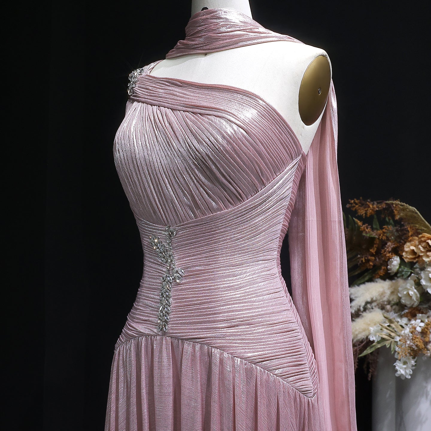 Pink One-Shoulder Sheer Waist-Fitted Elegant Evening Dress SF235