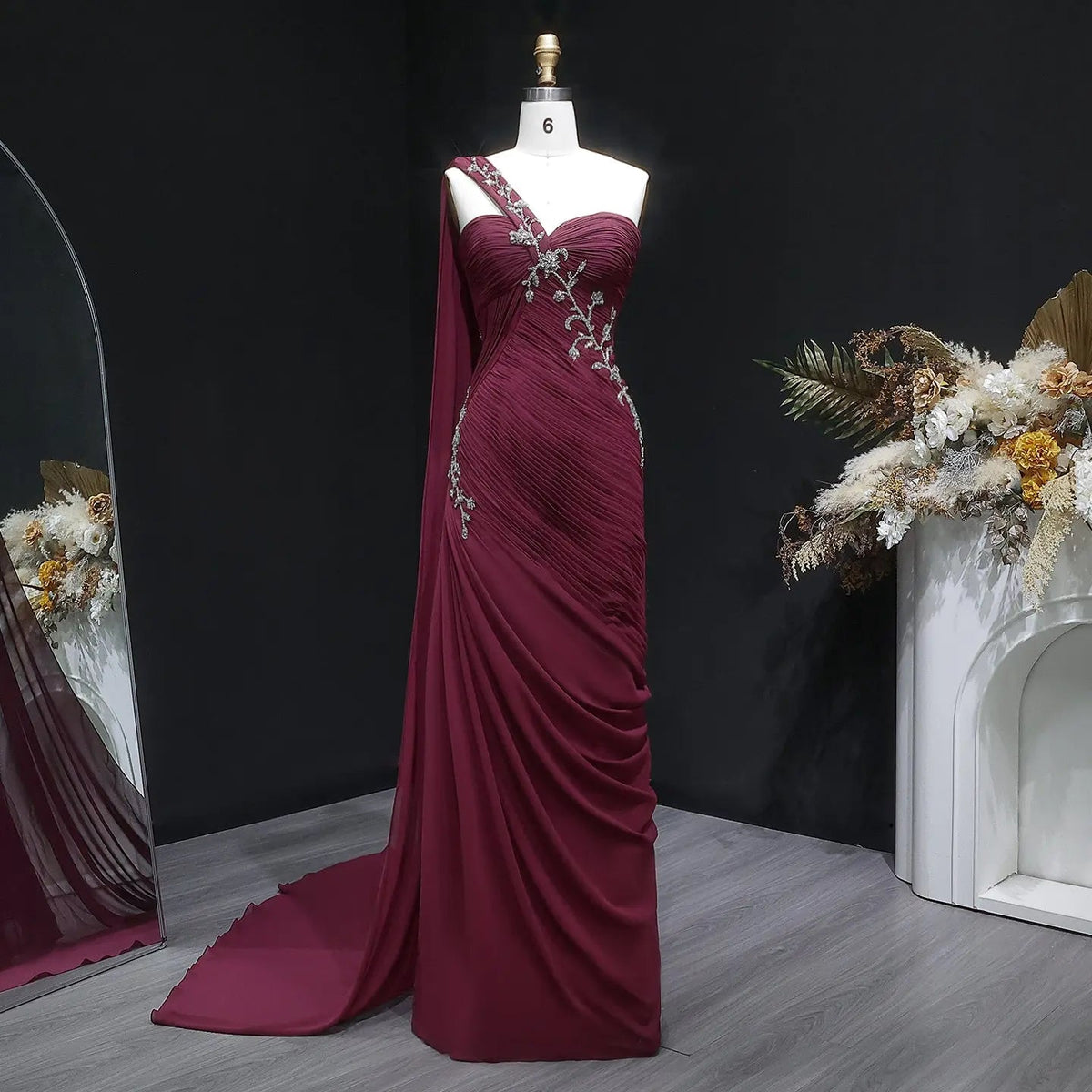 Dreamy One-Shoulder Ruched Chiffon Evening Dress with Crystal Details and Train SF249