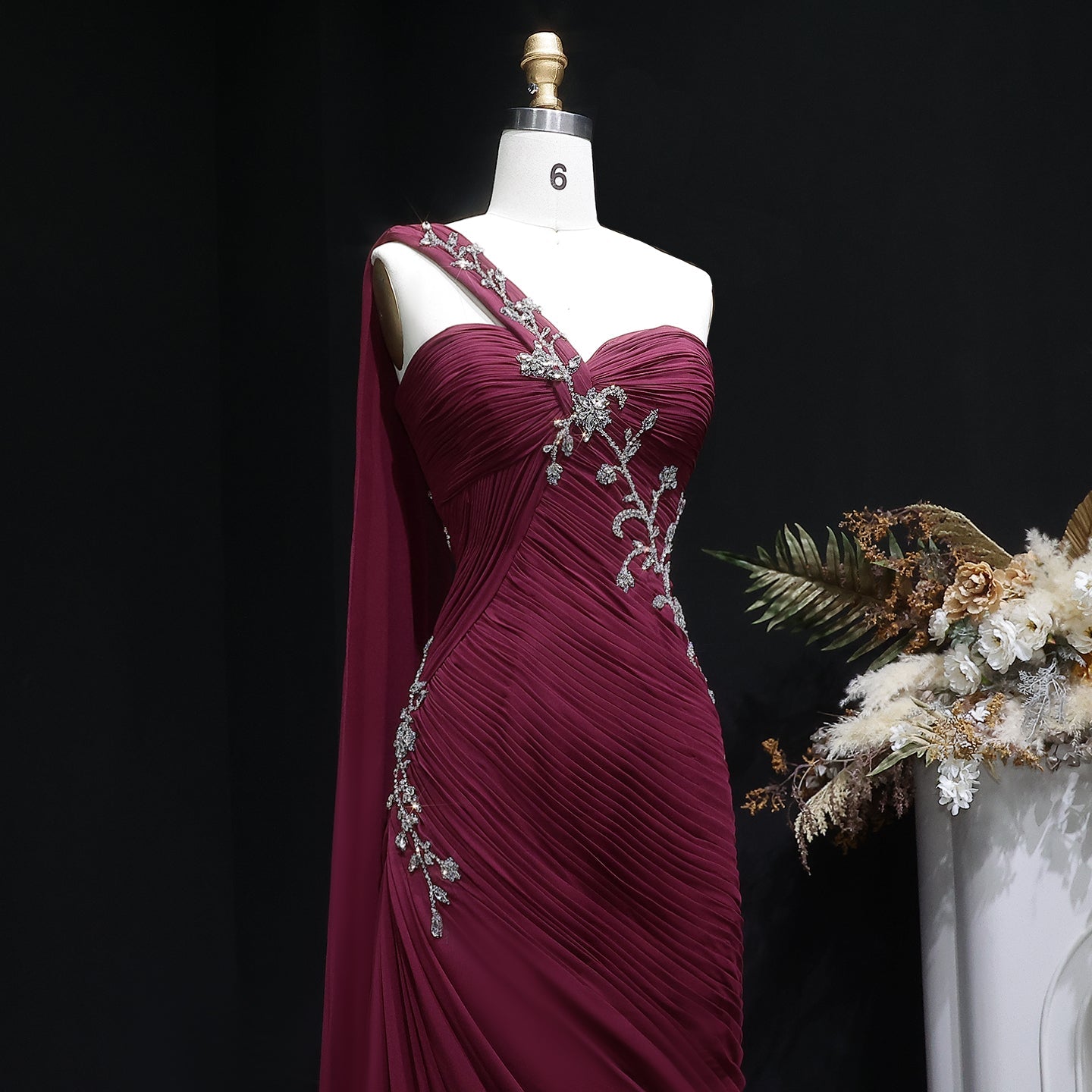 Elegant Light Pink Draped One Shoulder Evening Dress with Cap SF249