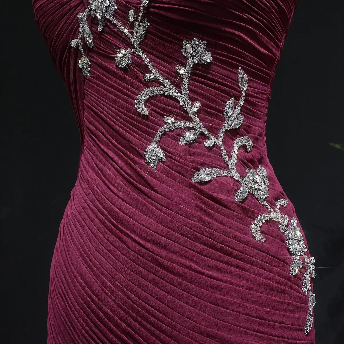 Dreamy One-Shoulder Ruched Chiffon Evening Dress with Crystal Details and Train SF249