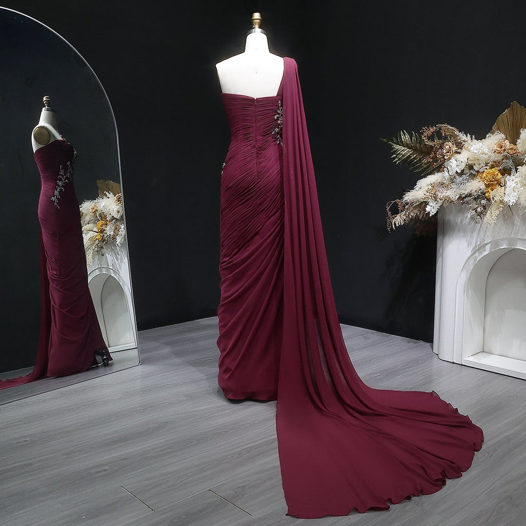 Elegant Light Pink Draped One Shoulder Evening Dress with Cap SF249