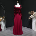 Luxury Burgundy Velvet Ruffles Long Sleeve Evening Dress SF259