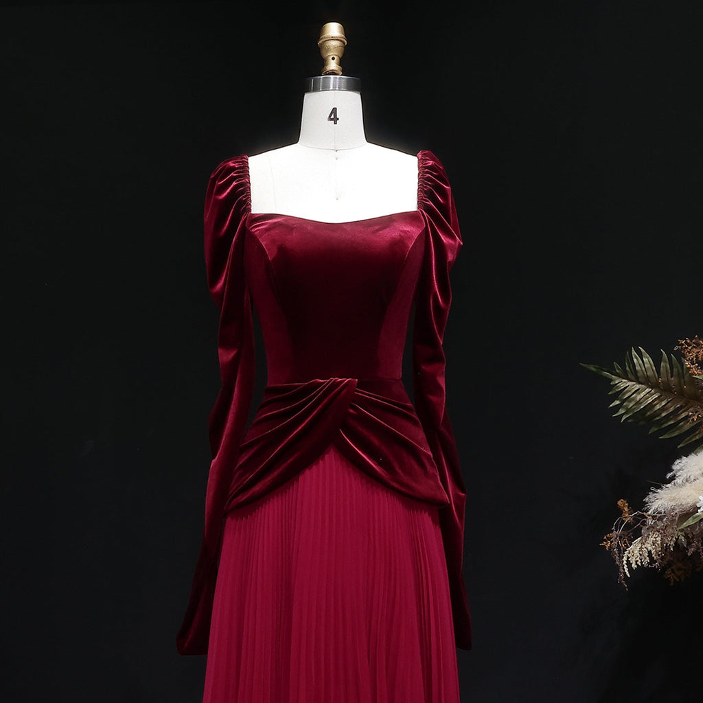 Luxury Burgundy Velvet Ruffles Long Sleeve Evening Dress SF259