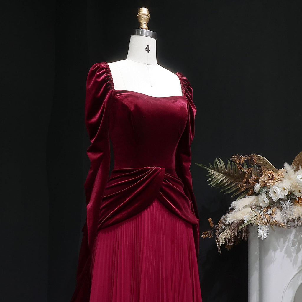 Luxury Burgundy Velvet Ruffles Long Sleeve Evening Dress SF259