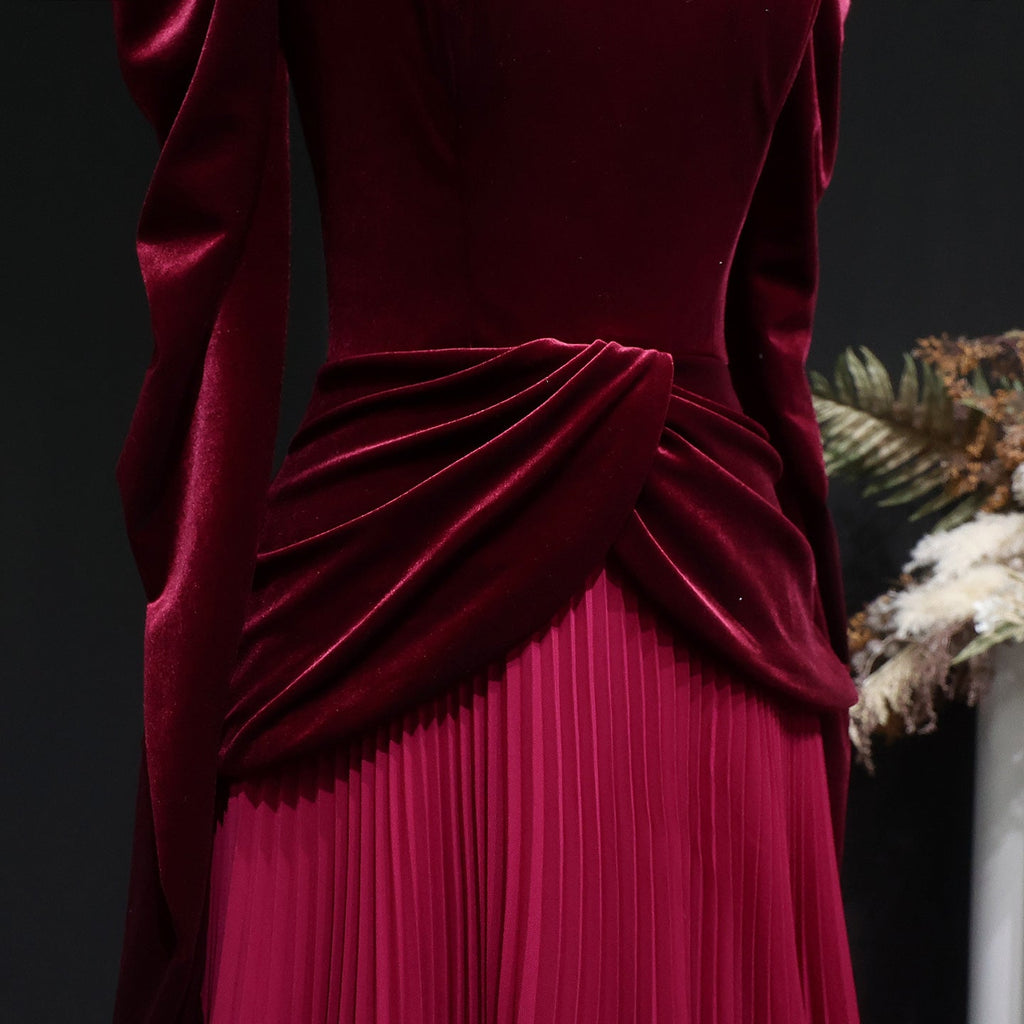 Luxury Burgundy Velvet Ruffles Long Sleeve Evening Dress SF259