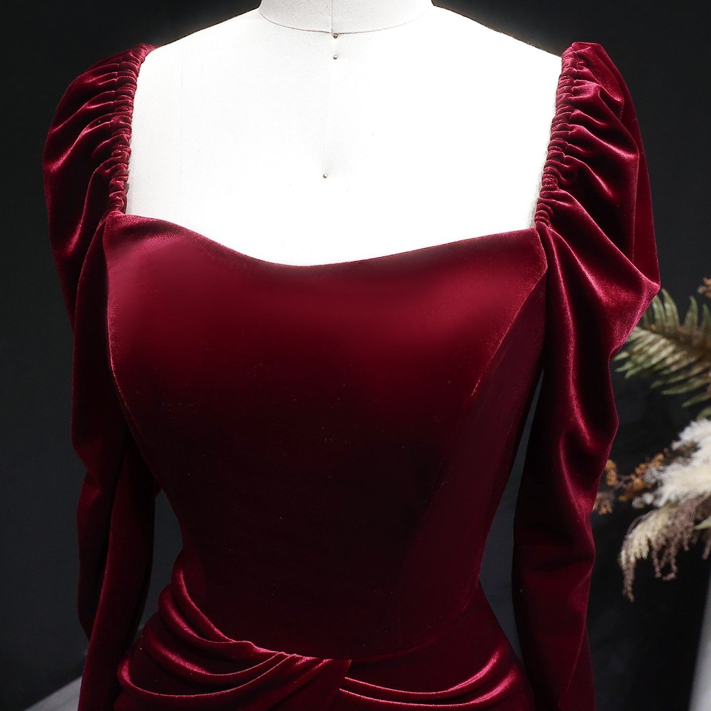 Luxury Burgundy Velvet Ruffles Long Sleeve Evening Dress SF259