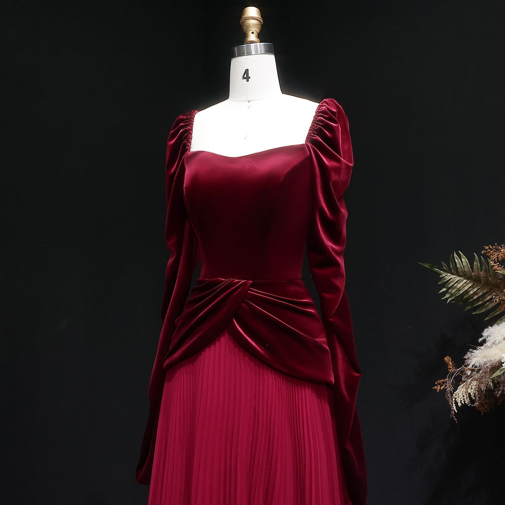Luxury Burgundy Velvet Ruffles Long Sleeve Evening Dress SF259