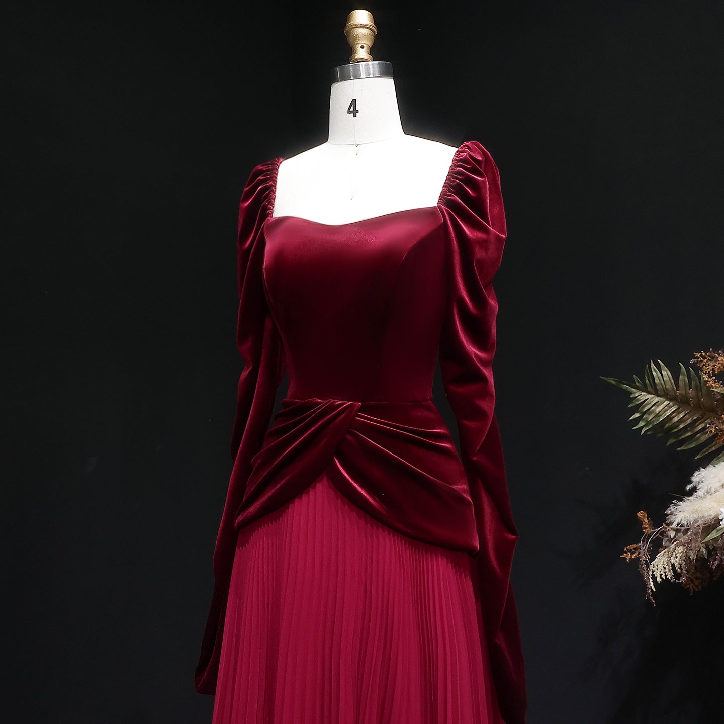 Luxury Burgundy Velvet Ruffles Long Sleeve Evening Dress SF259