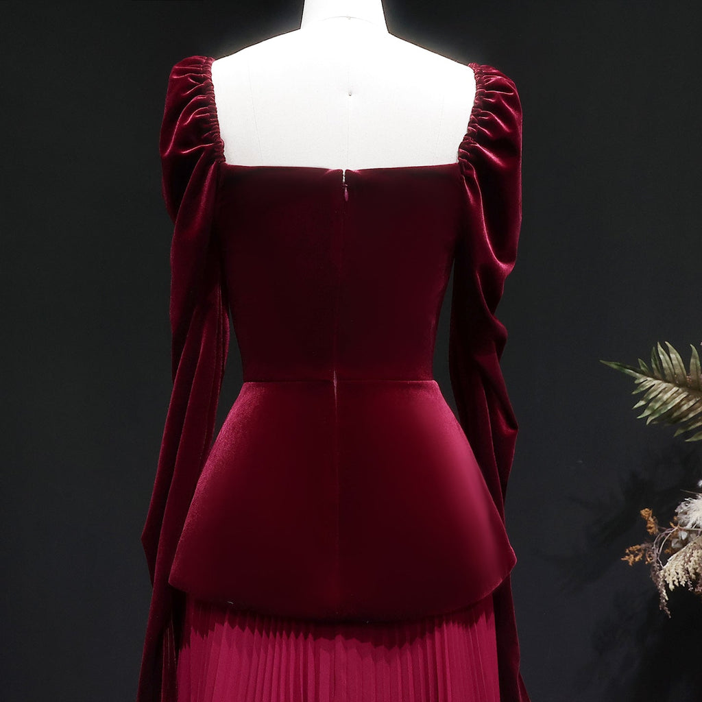 Luxury Burgundy Velvet Ruffles Long Sleeve Evening Dress SF259