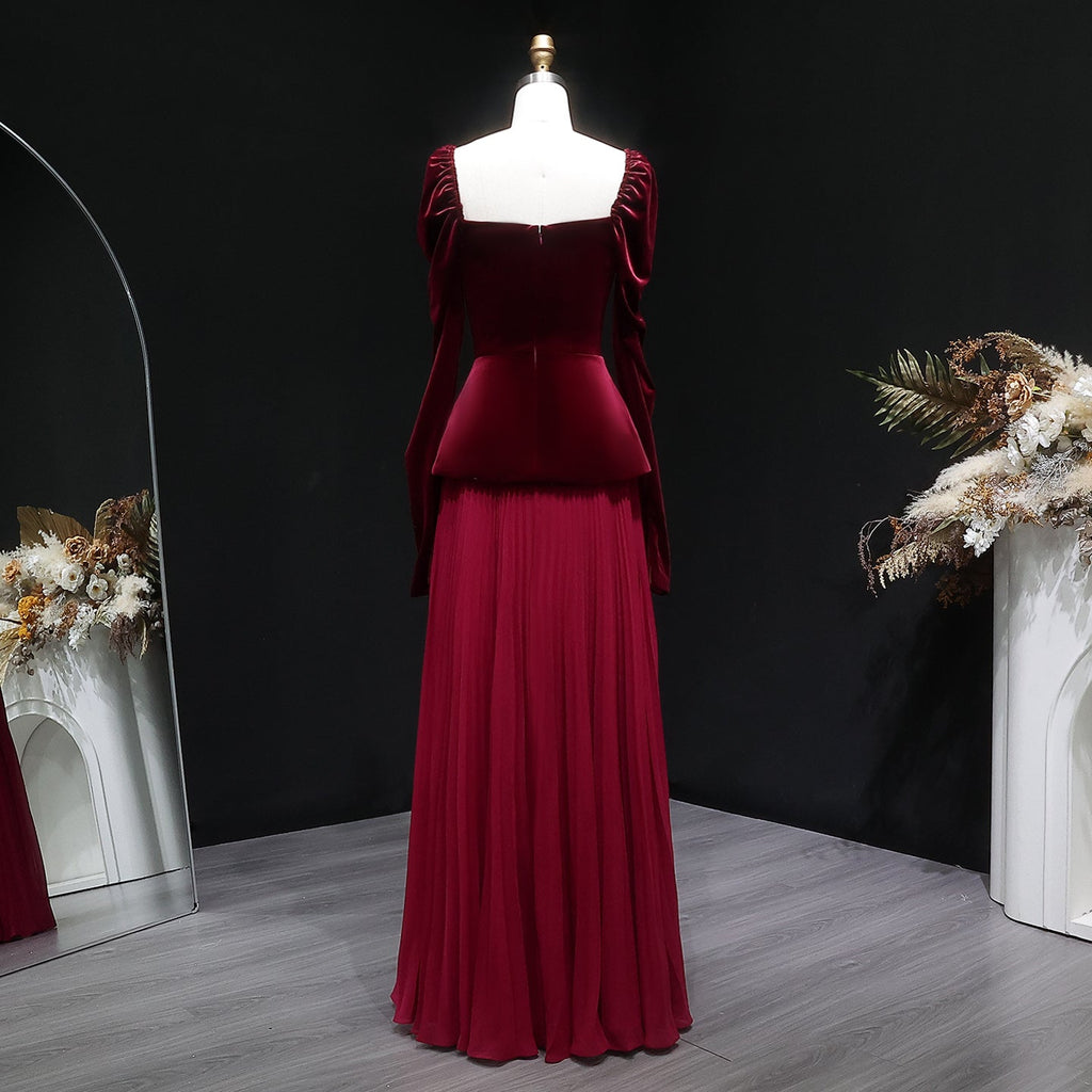Luxury Burgundy Velvet Ruffles Long Sleeve Evening Dress SF259