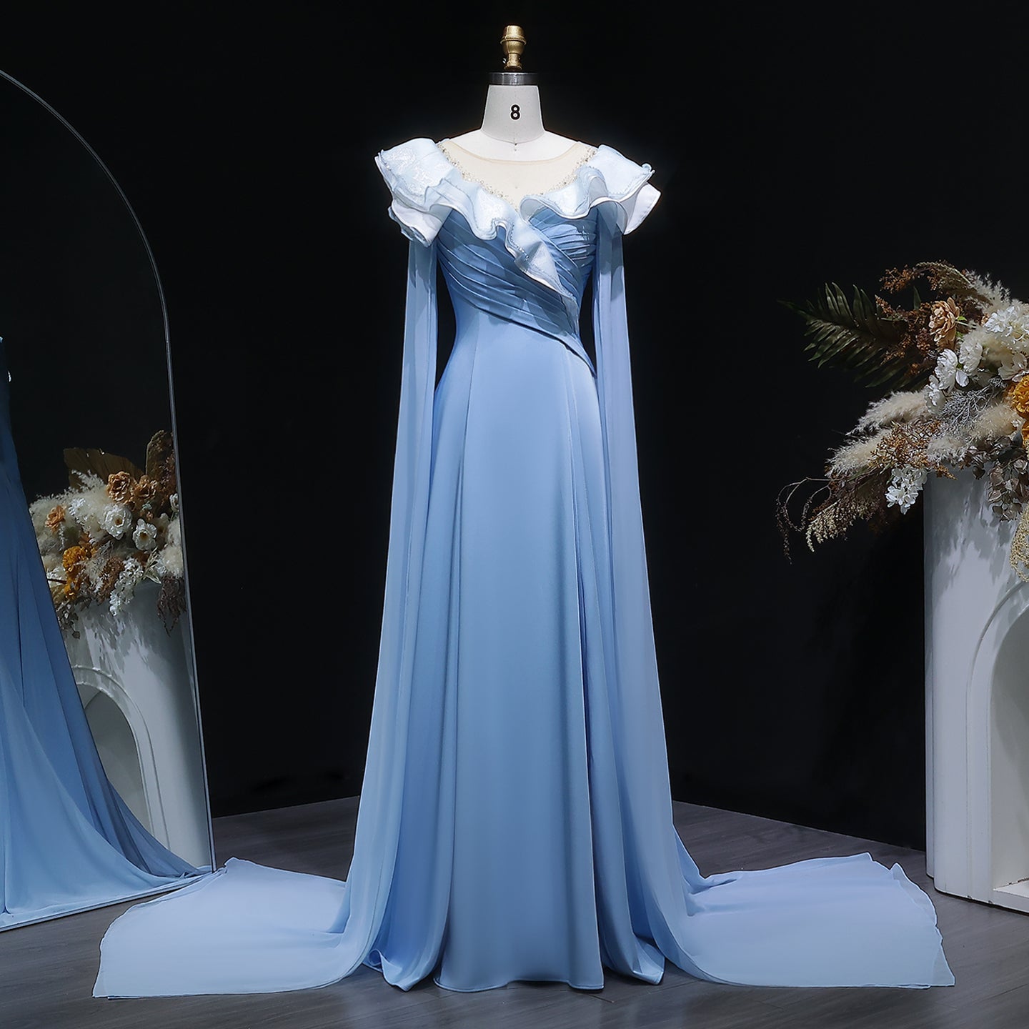 Elegant Fairy Sequin Blue Train Evening Dress with Cape Sleeve SF287