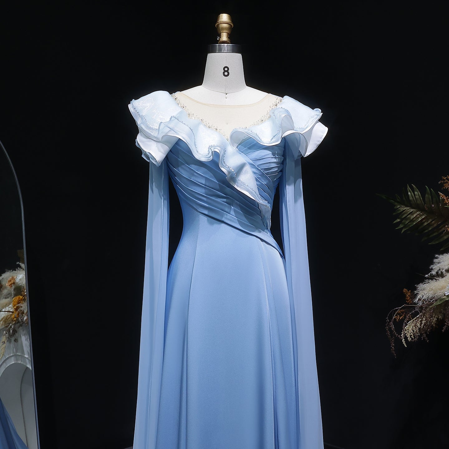 Elegant Fairy Sequin Blue Train Evening Dress with Cape Sleeve SF287
