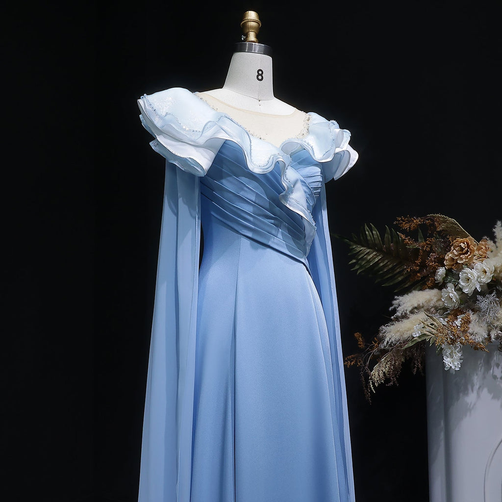 Elegant Fairy Sequin Blue Train Evening Dress with Cape Sleeve SF287