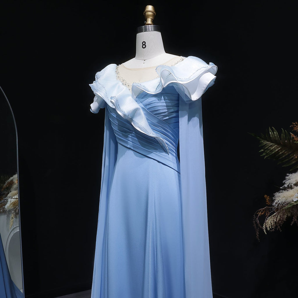 Elegant Fairy Sequin Blue Train Evening Dress with Cape Sleeve SF287