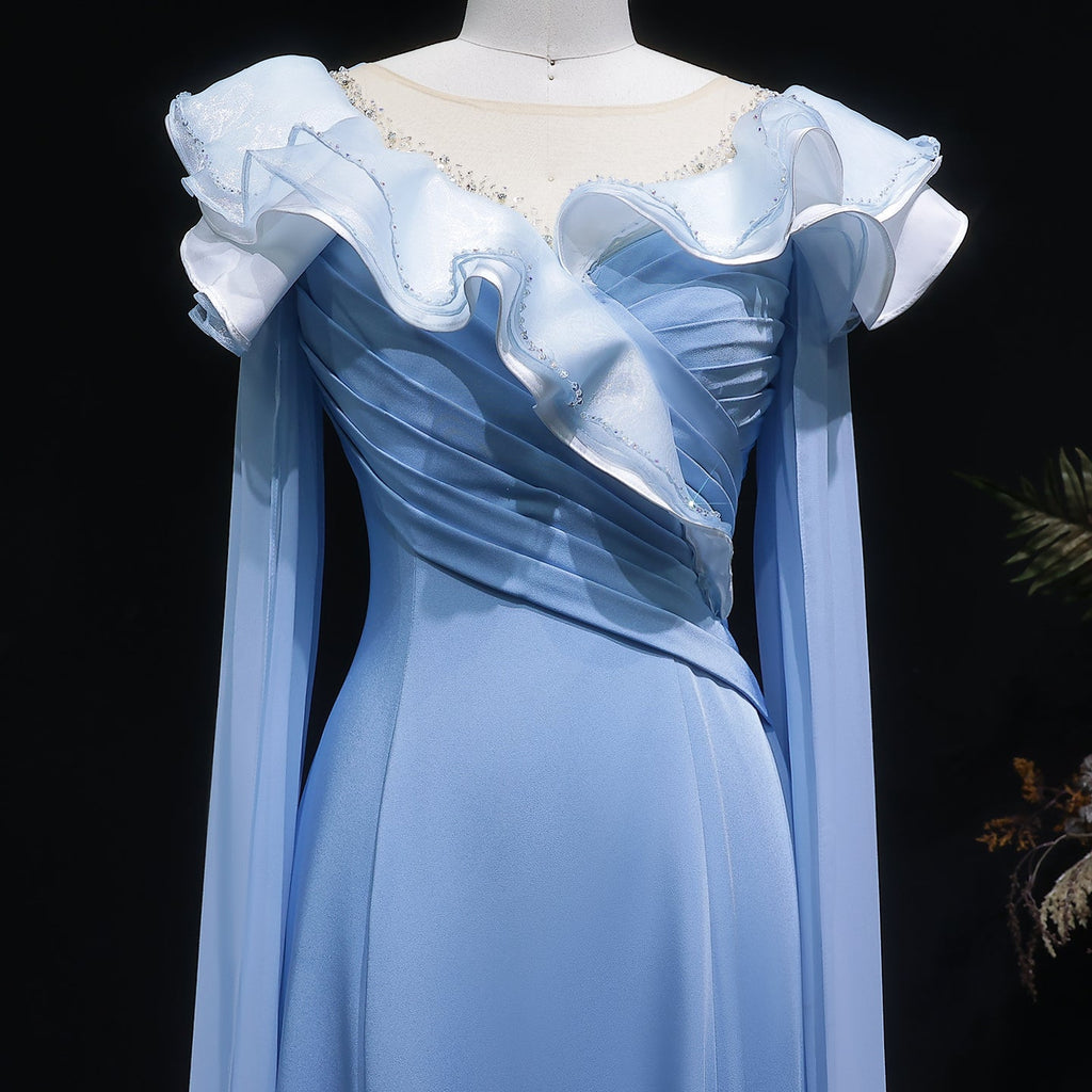 Elegant Fairy Sequin Blue Train Evening Dress with Cape Sleeve SF287
