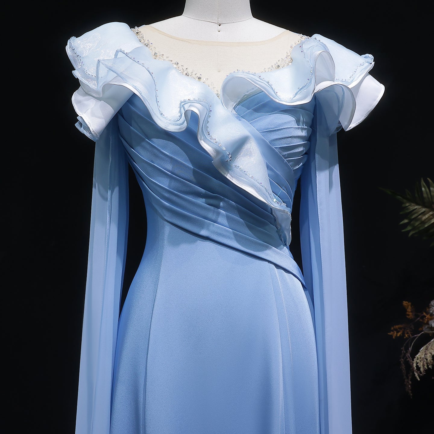 Elegant Fairy Sequin Blue Train Evening Dress with Cape Sleeve SF287