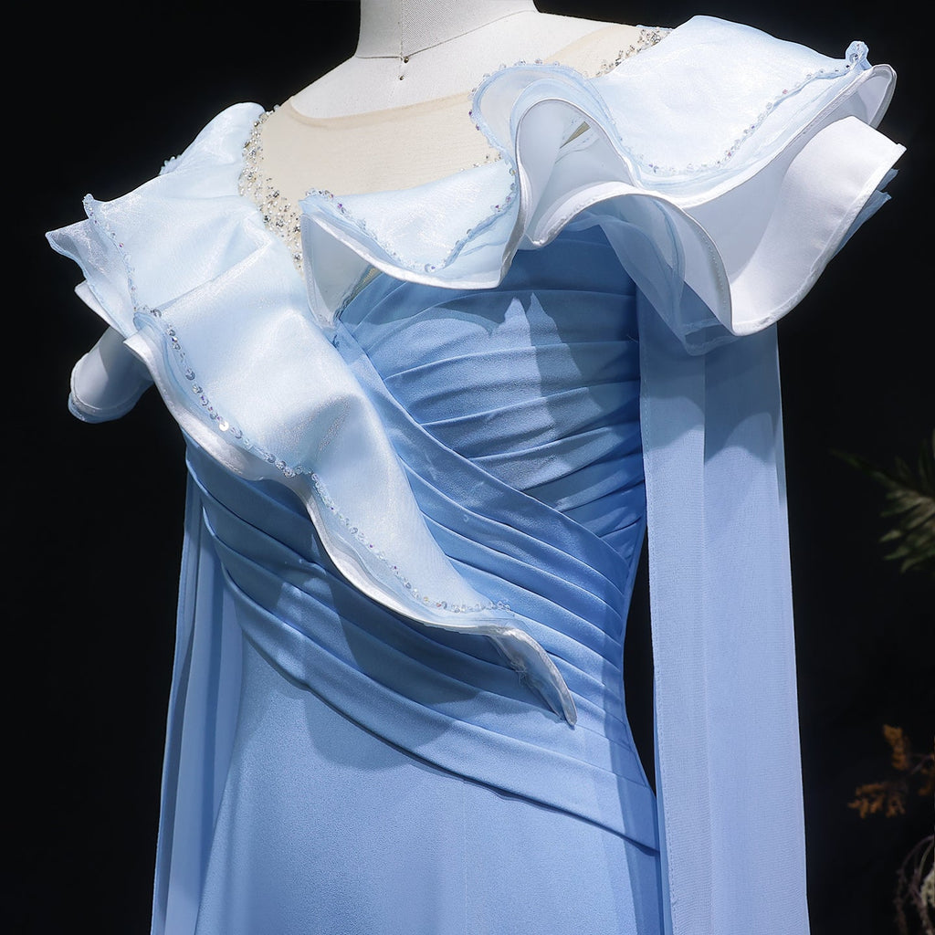 Elegant Fairy Sequin Blue Train Evening Dress with Cape Sleeve SF287