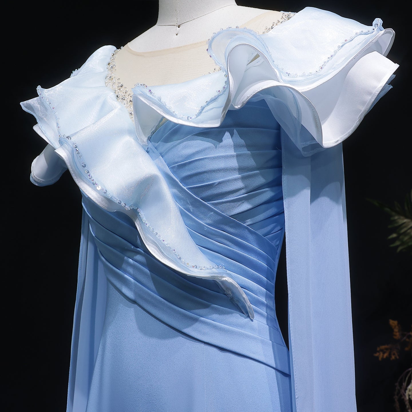 Elegant Fairy Sequin Blue Train Evening Dress with Cape Sleeve SF287