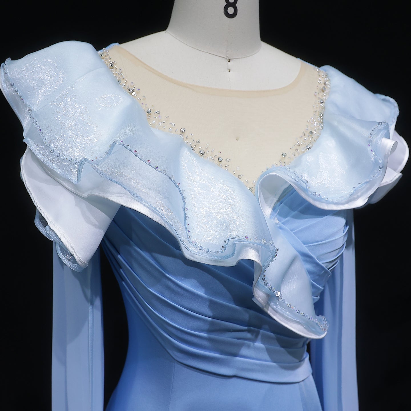 Elegant Fairy Sequin Blue Train Evening Dress with Cape Sleeve SF287