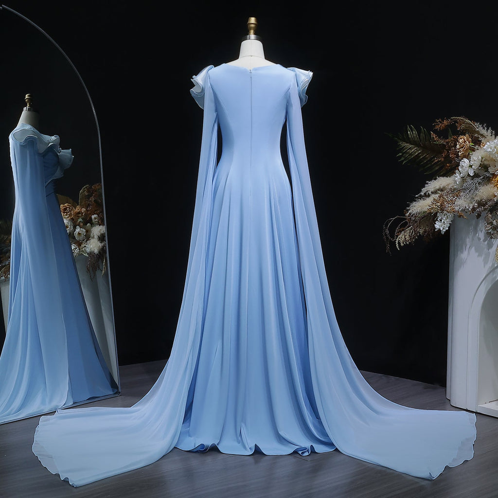 Elegant Fairy Sequin Blue Train Evening Dress with Cape Sleeve SF287