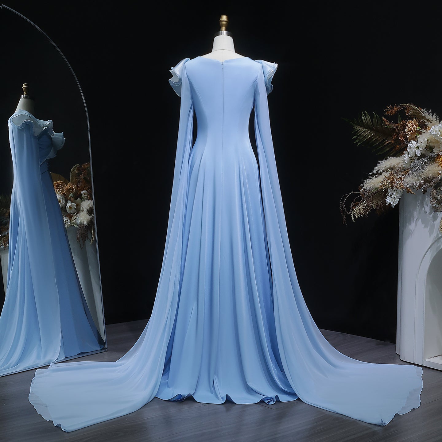 Elegant Fairy Sequin Blue Train Evening Dress with Cape Sleeve SF287