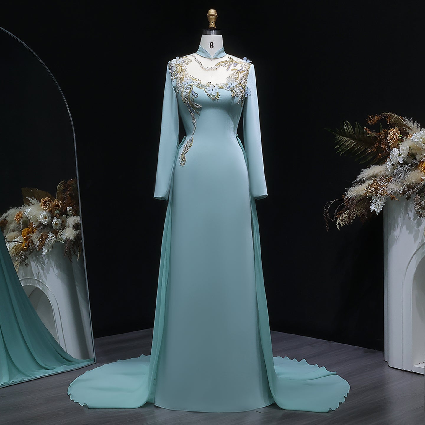 Luxury Turquoise Sequin Beaded Embroidery Evening Dress with Overskirt SF289