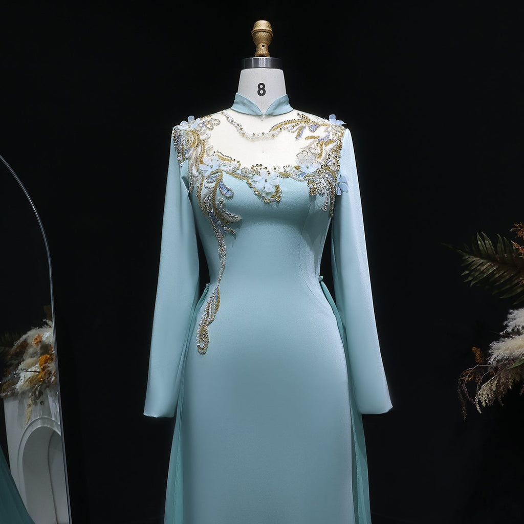 Luxury Turquoise Sequin Beaded Embroidery Evening Dress with Overskirt SF289