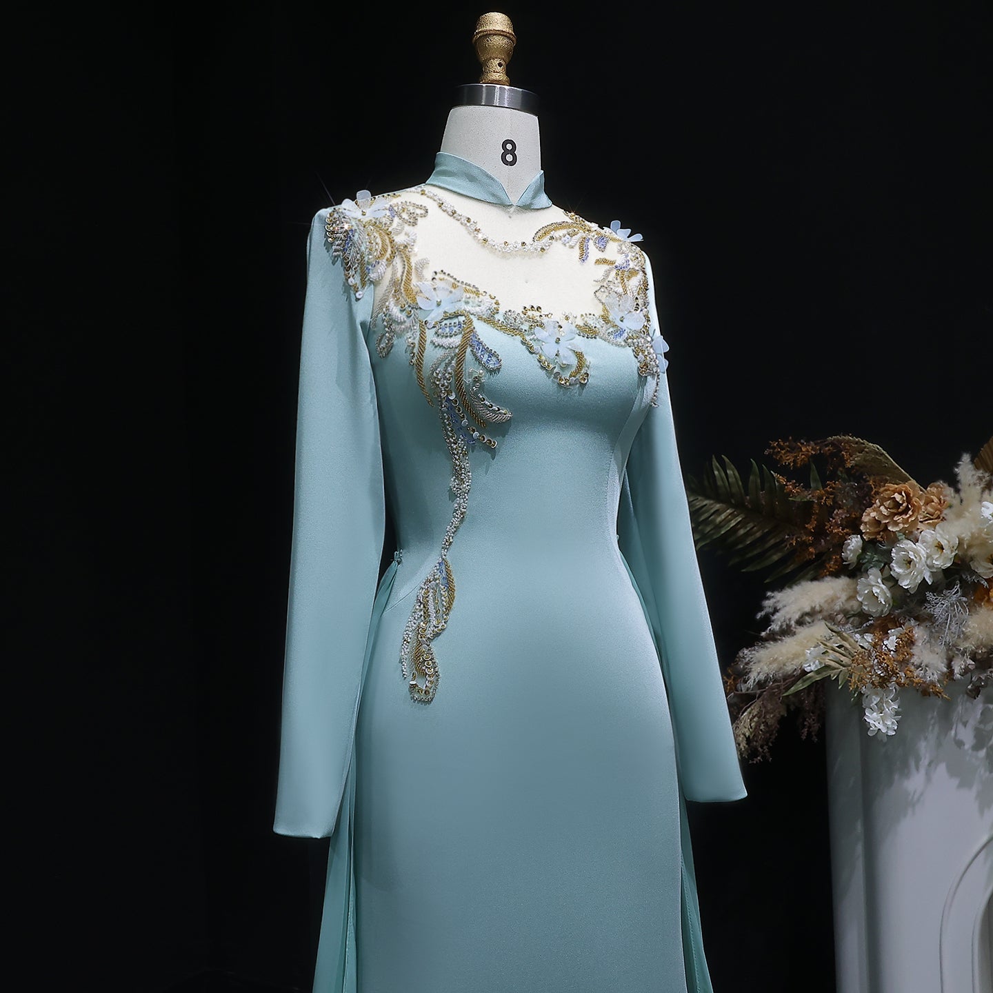 Luxury Turquoise Sequin Beaded Embroidery Evening Dress with Overskirt SF289