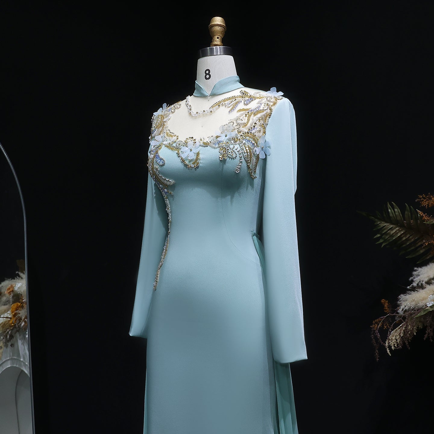 Luxury Turquoise Sequin Beaded Embroidery Evening Dress with Overskirt SF289