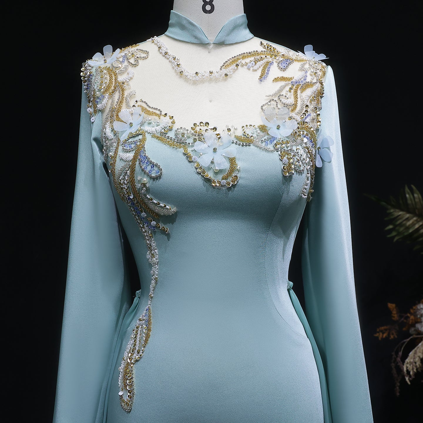 Luxury Turquoise Sequin Beaded Embroidery Evening Dress with Overskirt SF289