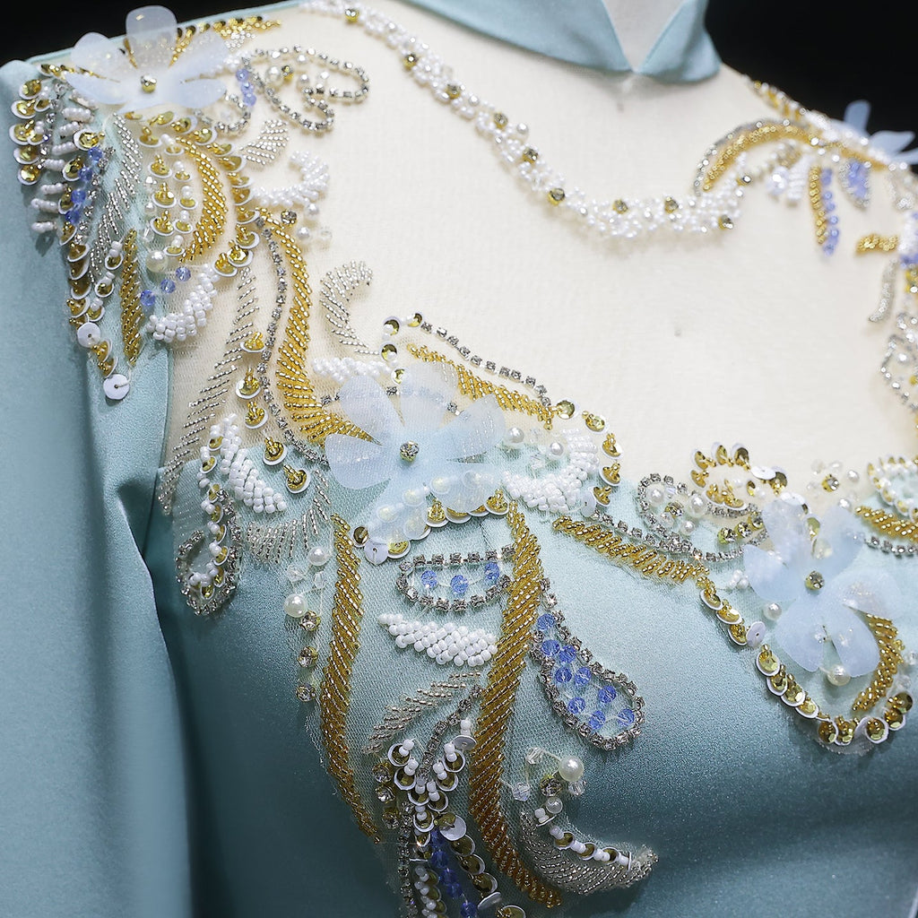 Luxury Turquoise Sequin Beaded Embroidery Evening Dress with Overskirt SF289