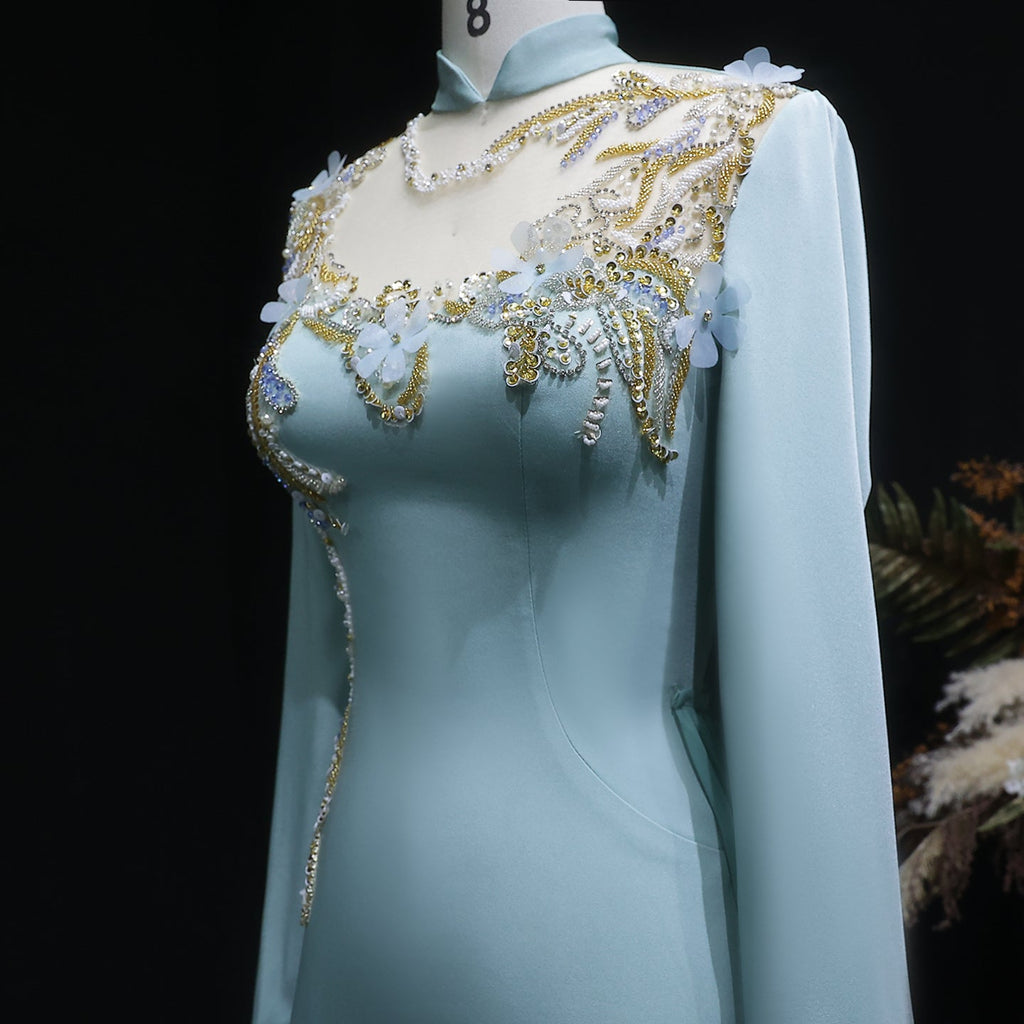 Luxury Turquoise Sequin Beaded Embroidery Evening Dress with Overskirt SF289