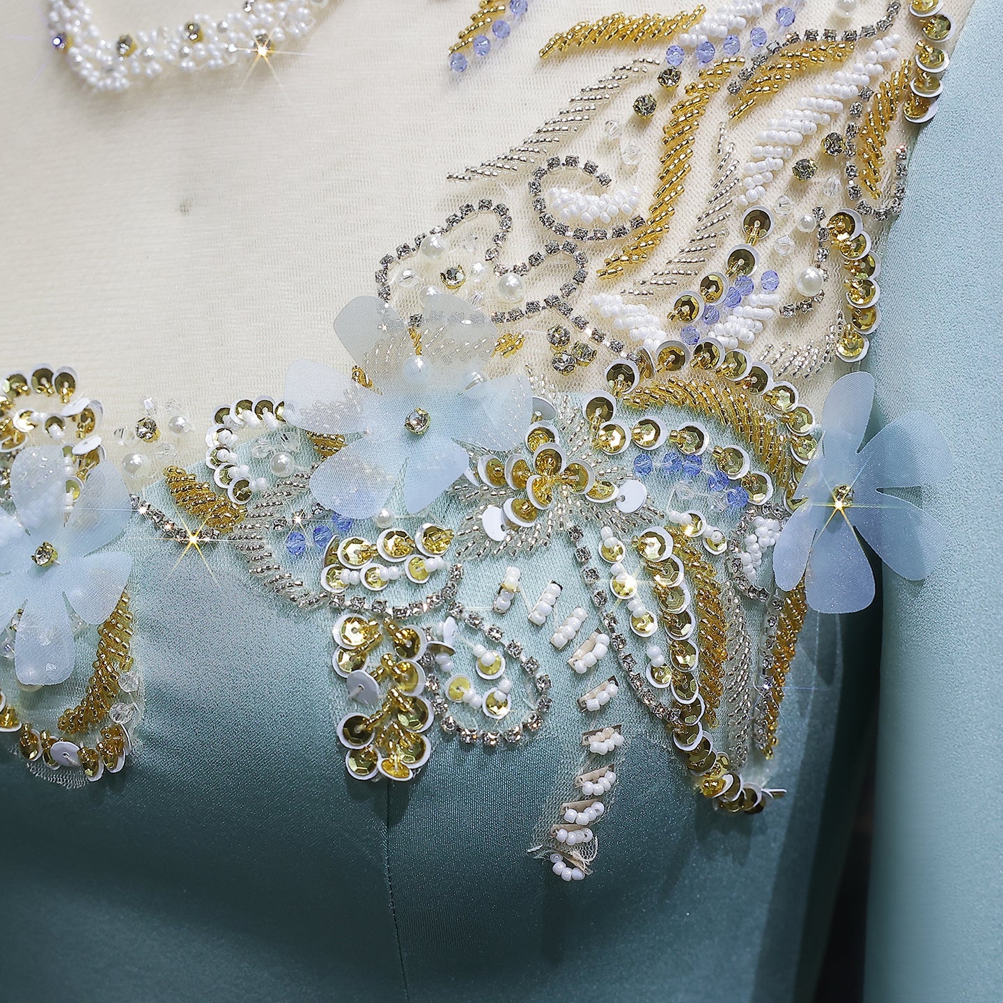 Luxury Turquoise Sequin Beaded Embroidery Evening Dress with Overskirt SF289