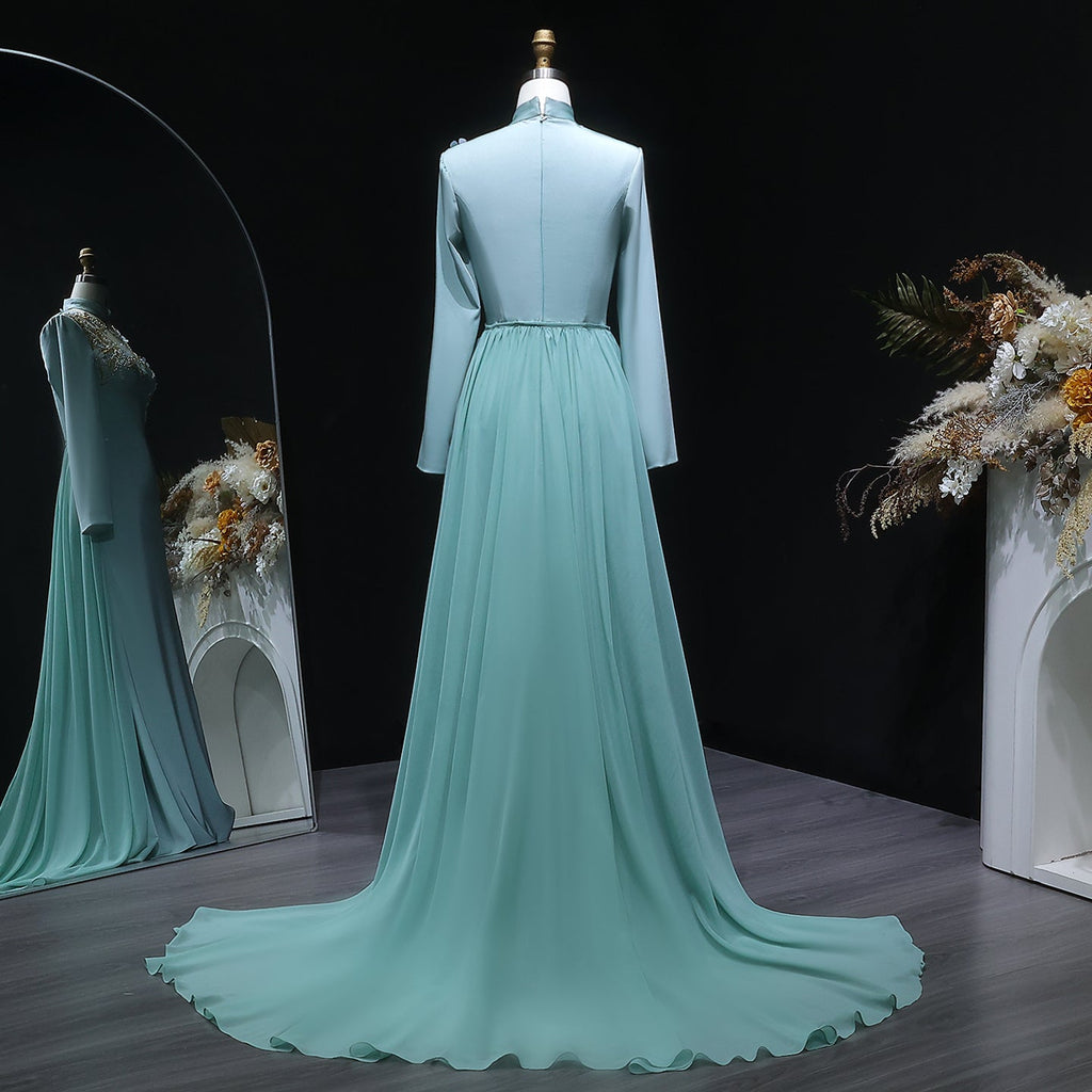Luxury Turquoise Sequin Beaded Embroidery Evening Dress with Overskirt SF289