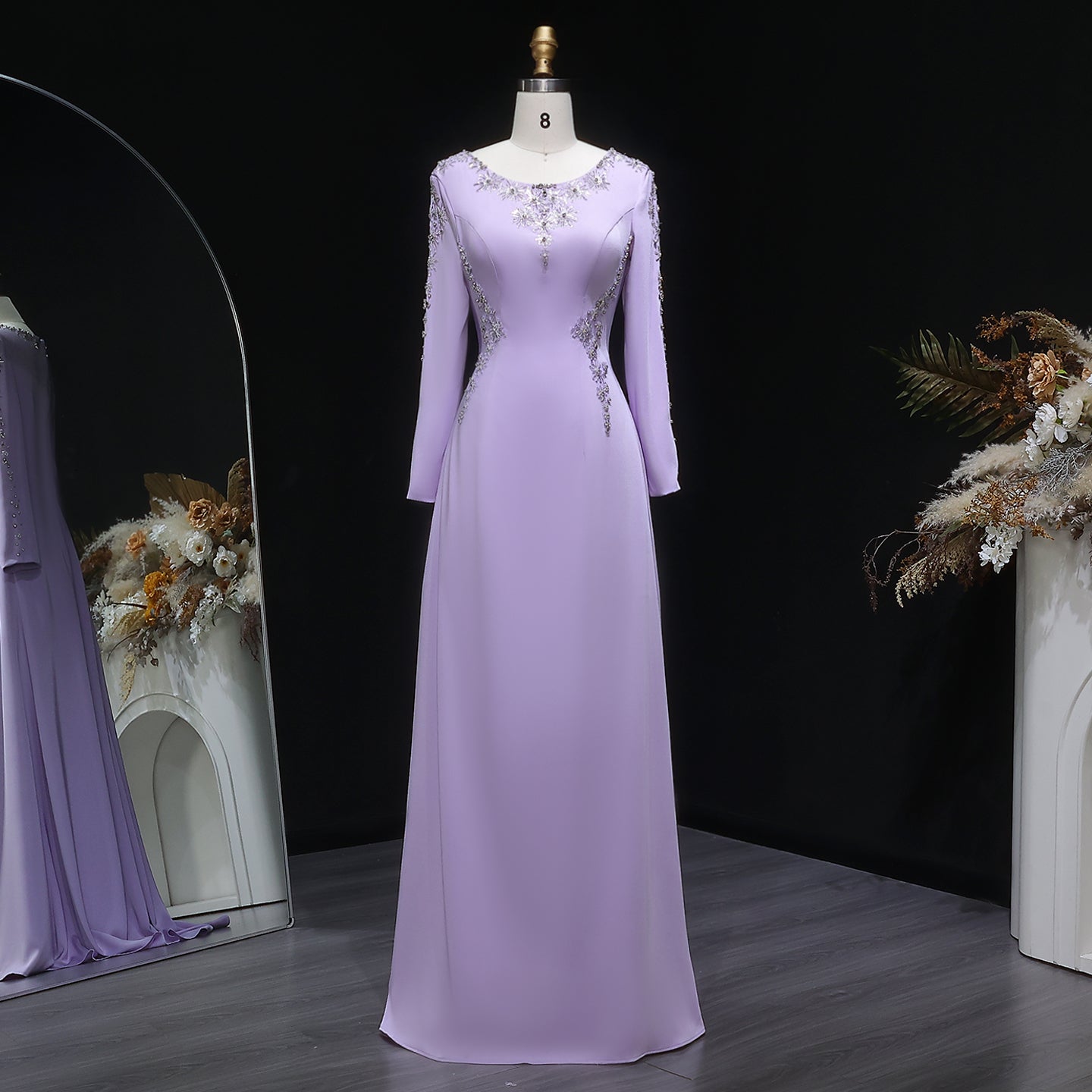 Elegant Lilac Crystal Sequin Satin Fitted Evening Dress SF297