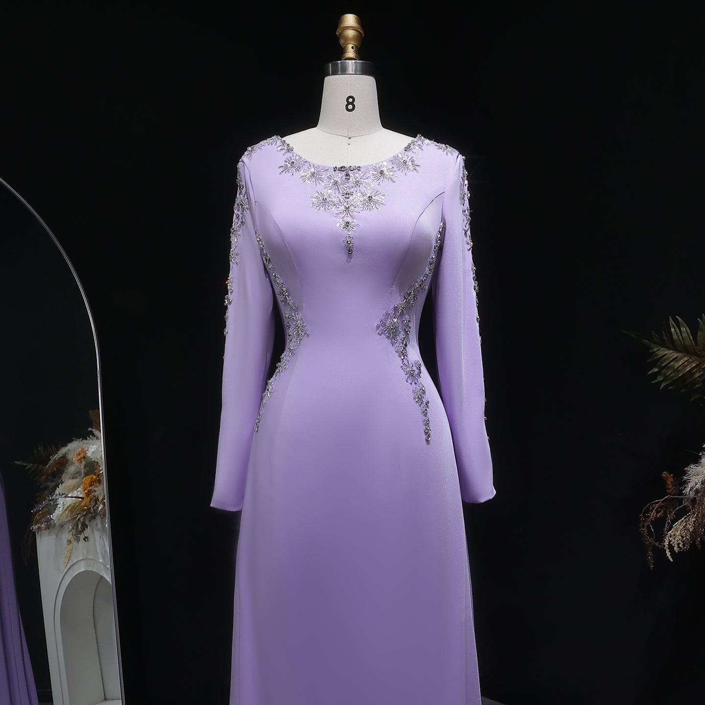 Elegant Lilac Crystal Sequin Satin Fitted Evening Dress SF297