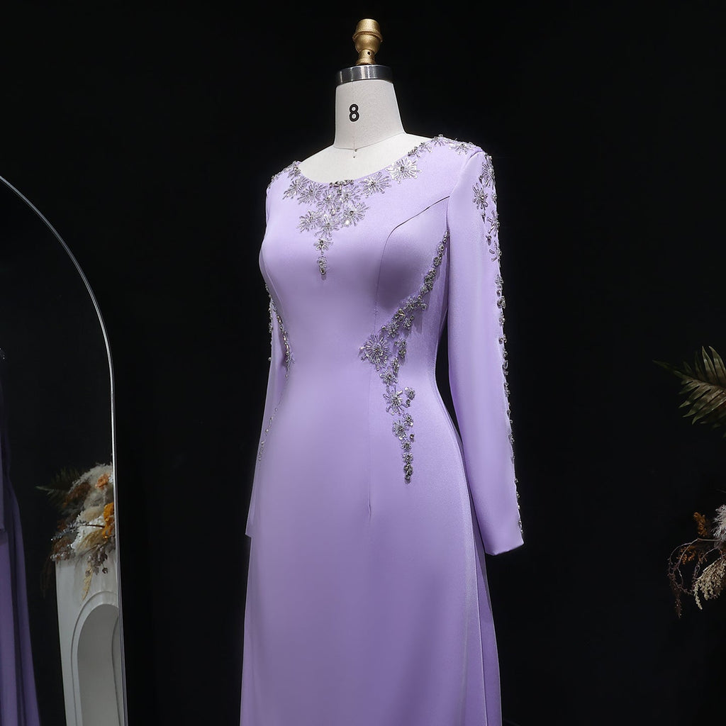 Elegant Lilac Crystal Sequin Satin Fitted Evening Dress SF297