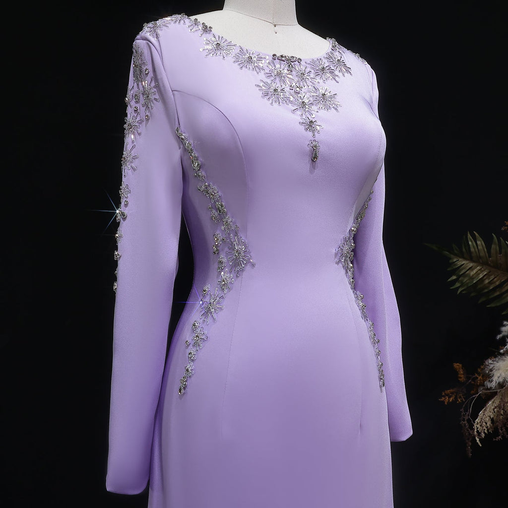 Elegant Lilac Crystal Sequin Satin Fitted Evening Dress SF297