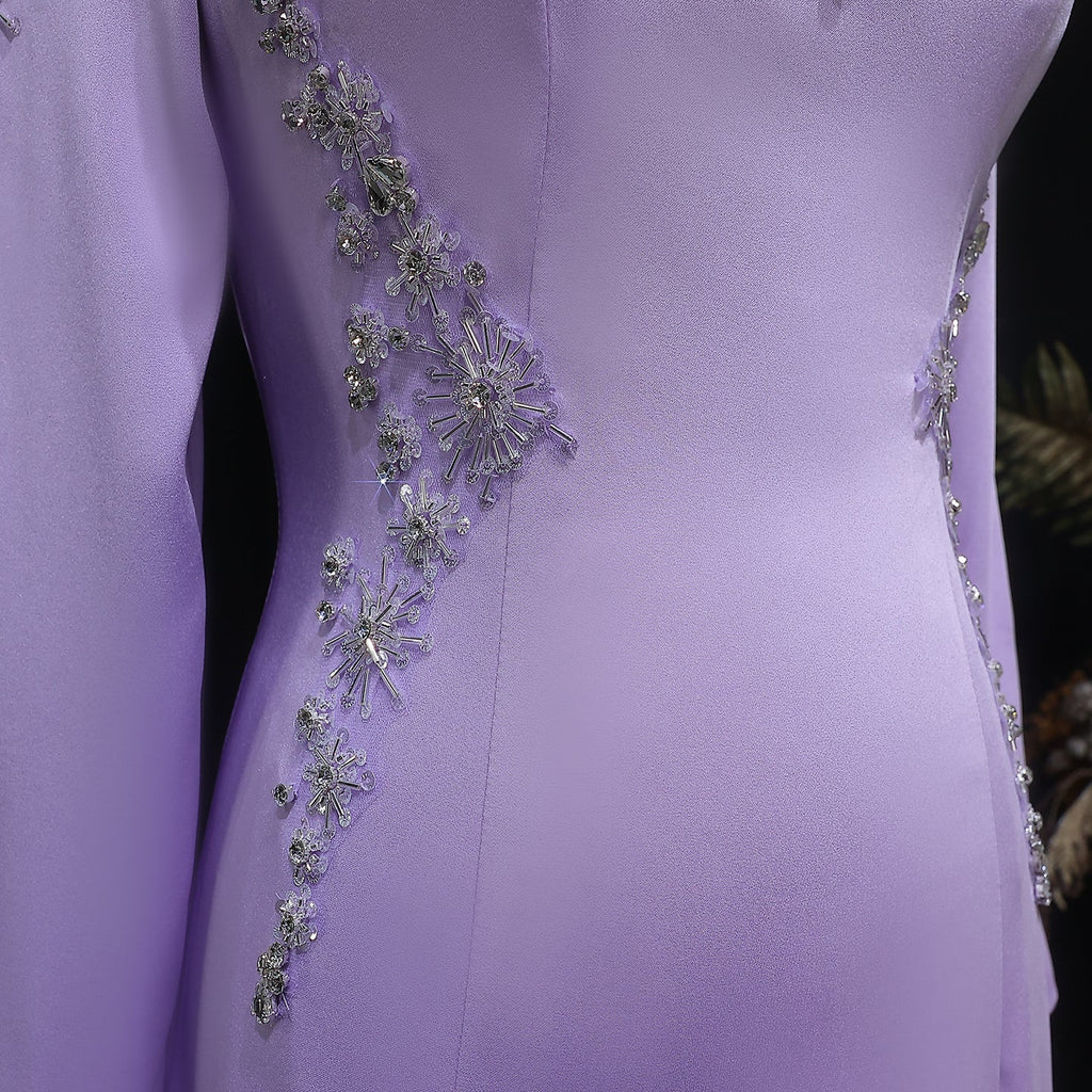 Elegant Lilac Crystal Sequin Satin Fitted Evening Dress SF297
