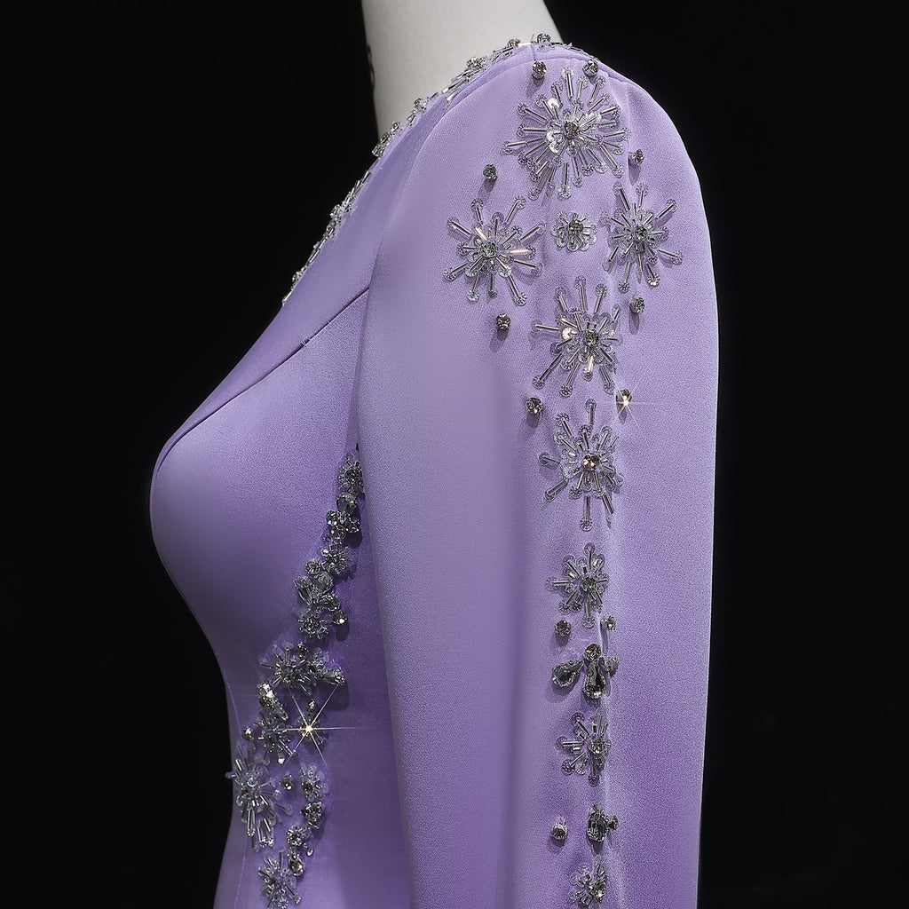 Elegant Lilac Crystal Sequin Satin Fitted Evening Dress SF297