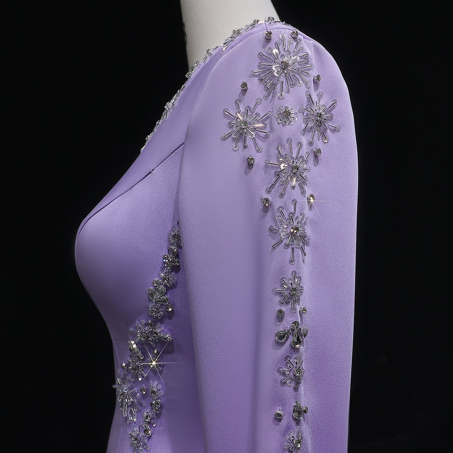 Elegant Lilac Crystal Sequin Satin Fitted Evening Dress SF297