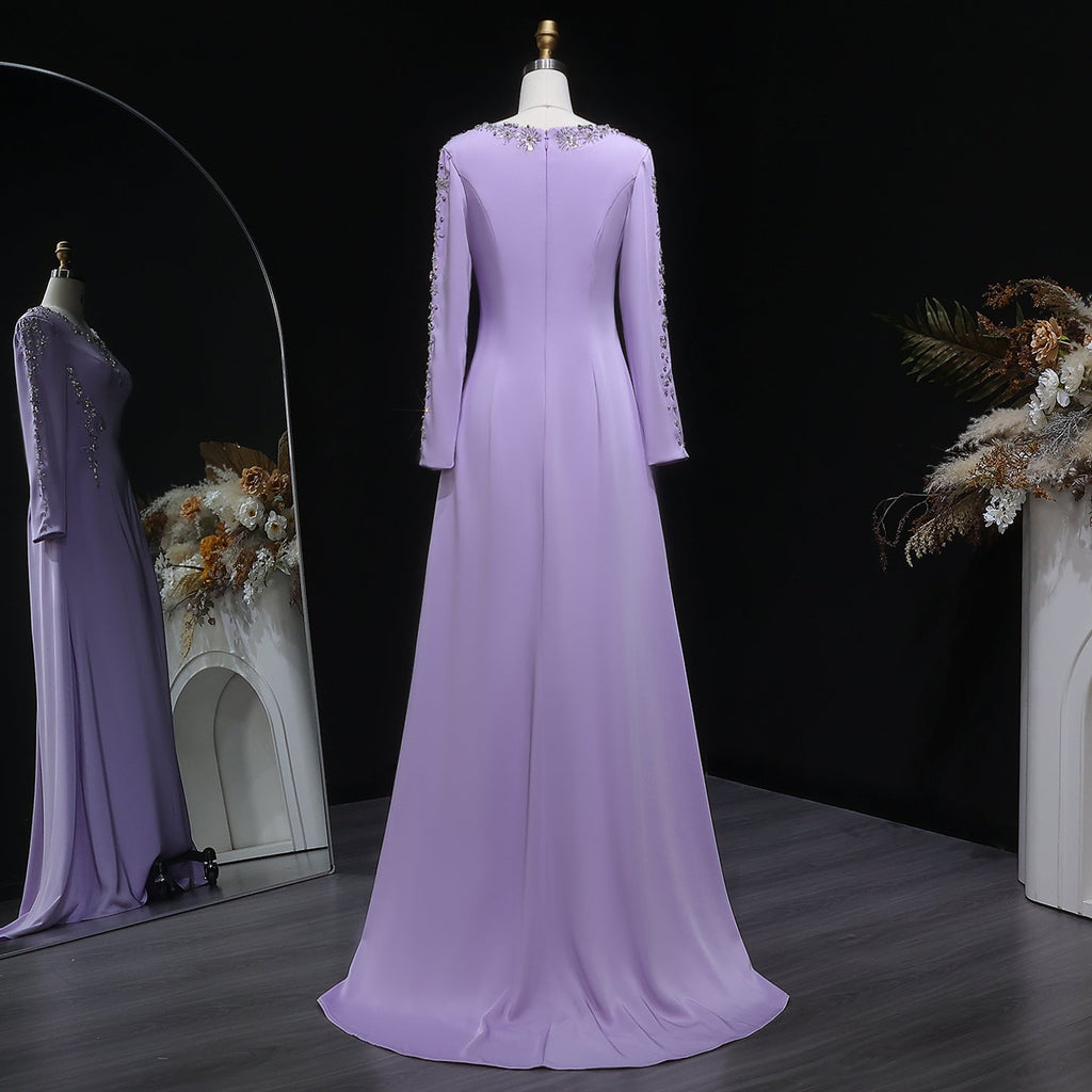 Elegant Lilac Crystal Sequin Satin Fitted Evening Dress SF297