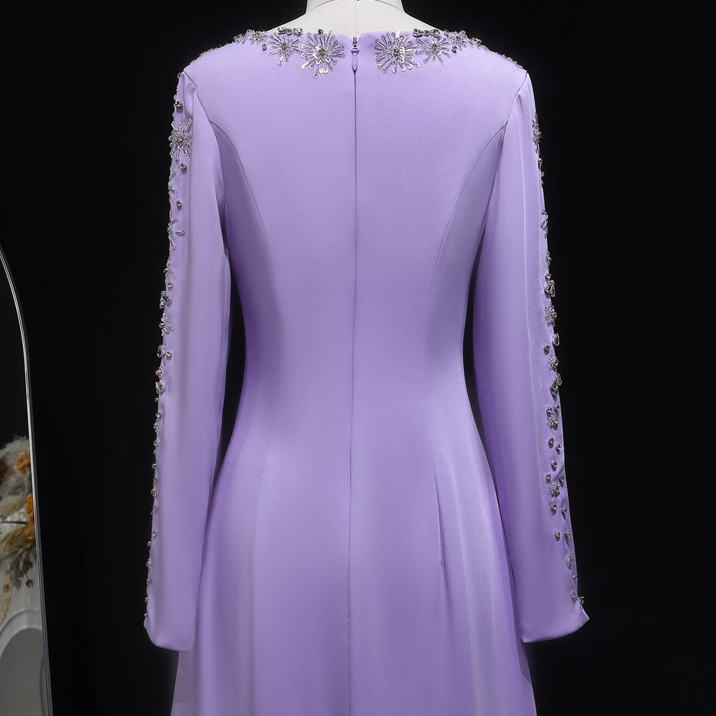 Elegant Lilac Crystal Sequin Satin Fitted Evening Dress SF297