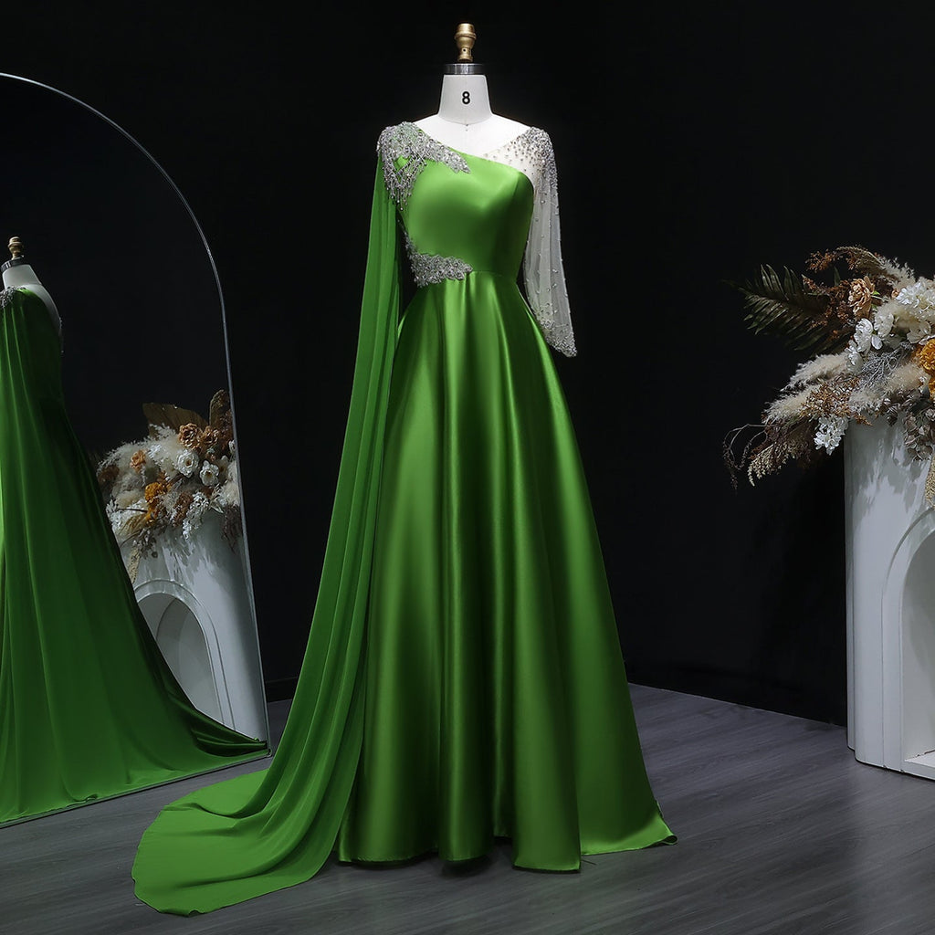 Luxury Green Beaded Sequin Satin Evening Dress with Cap SF298