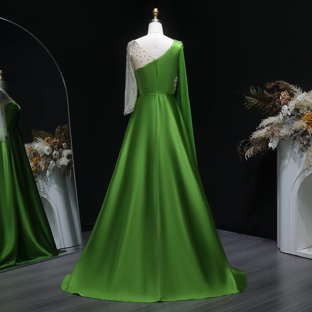 Luxury Green Beaded Sequin Satin Evening Dress with Cap SF298