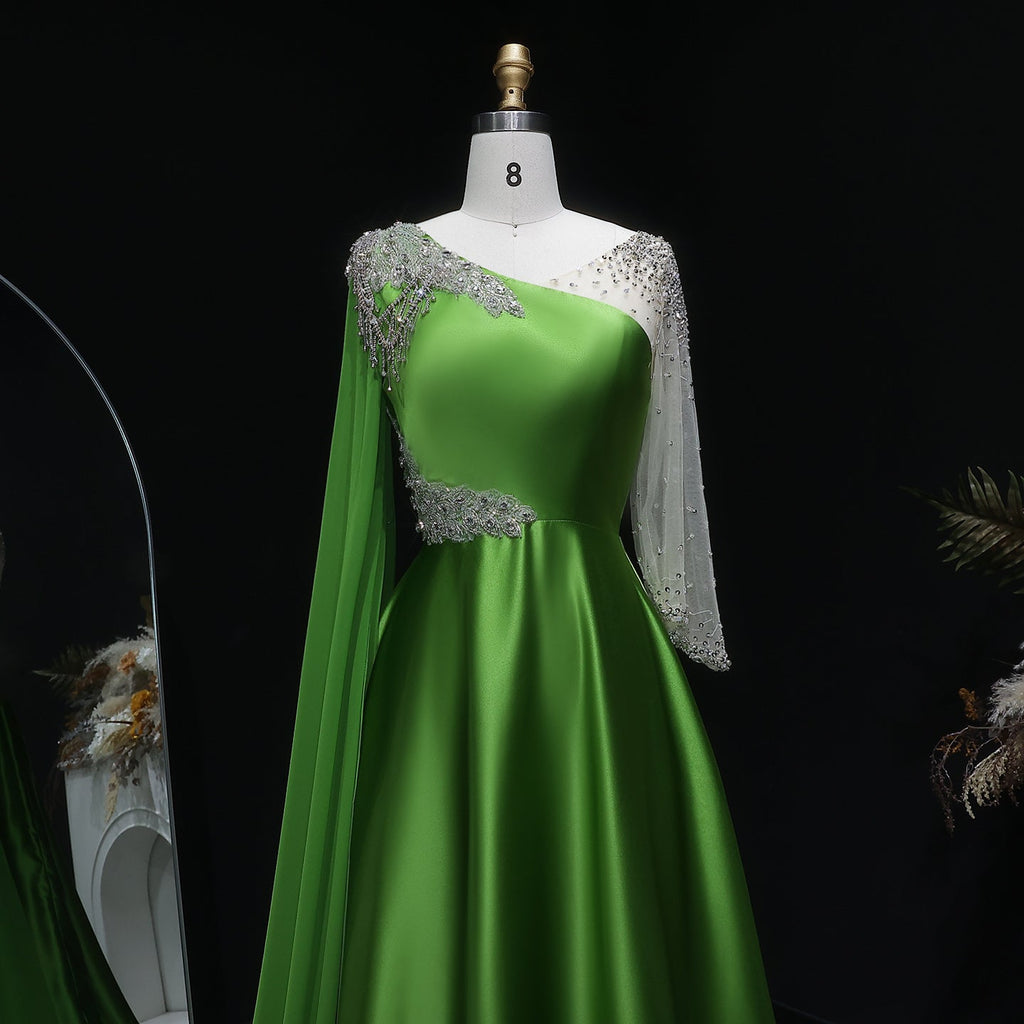 Luxury Green Beaded Sequin Satin Evening Dress with Cap SF298